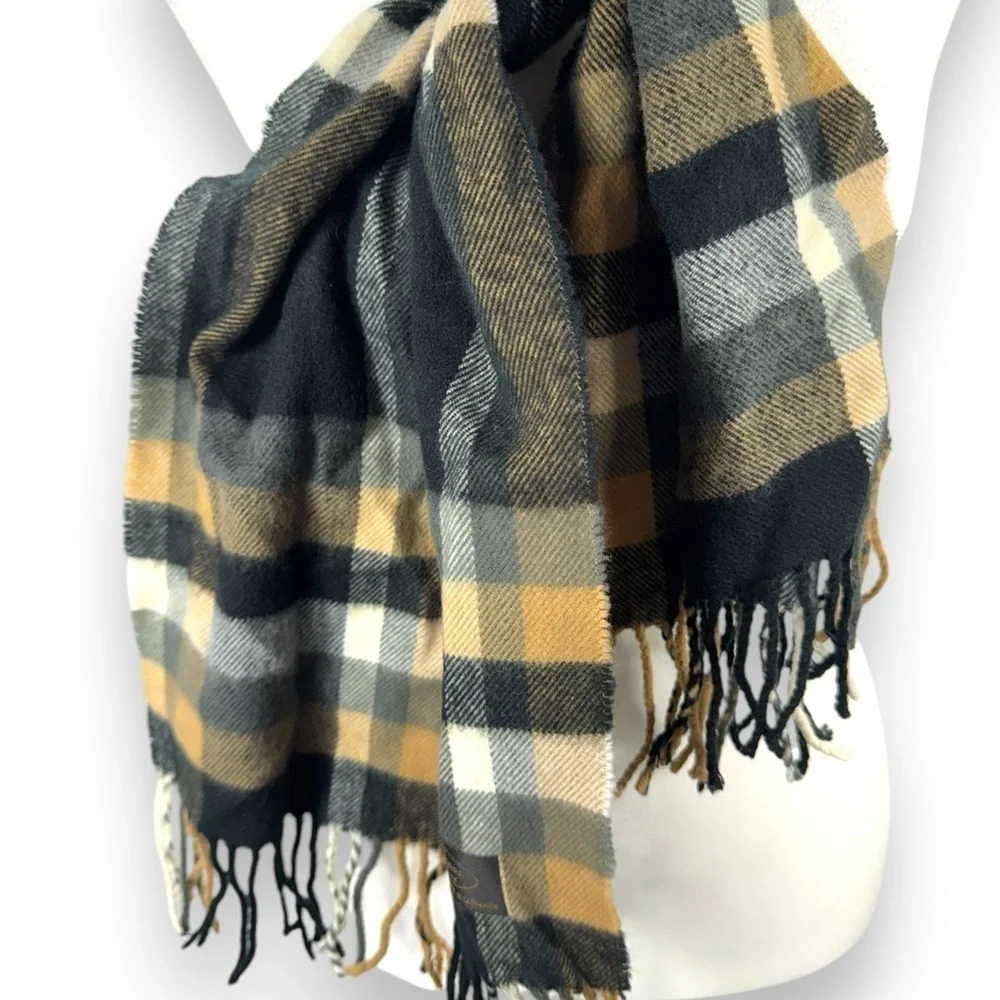 100% Cashmere Hand Tailored Made In Germany Neutral Plaid Unisex Scarf, 12x63 - Picture 8 of 11
